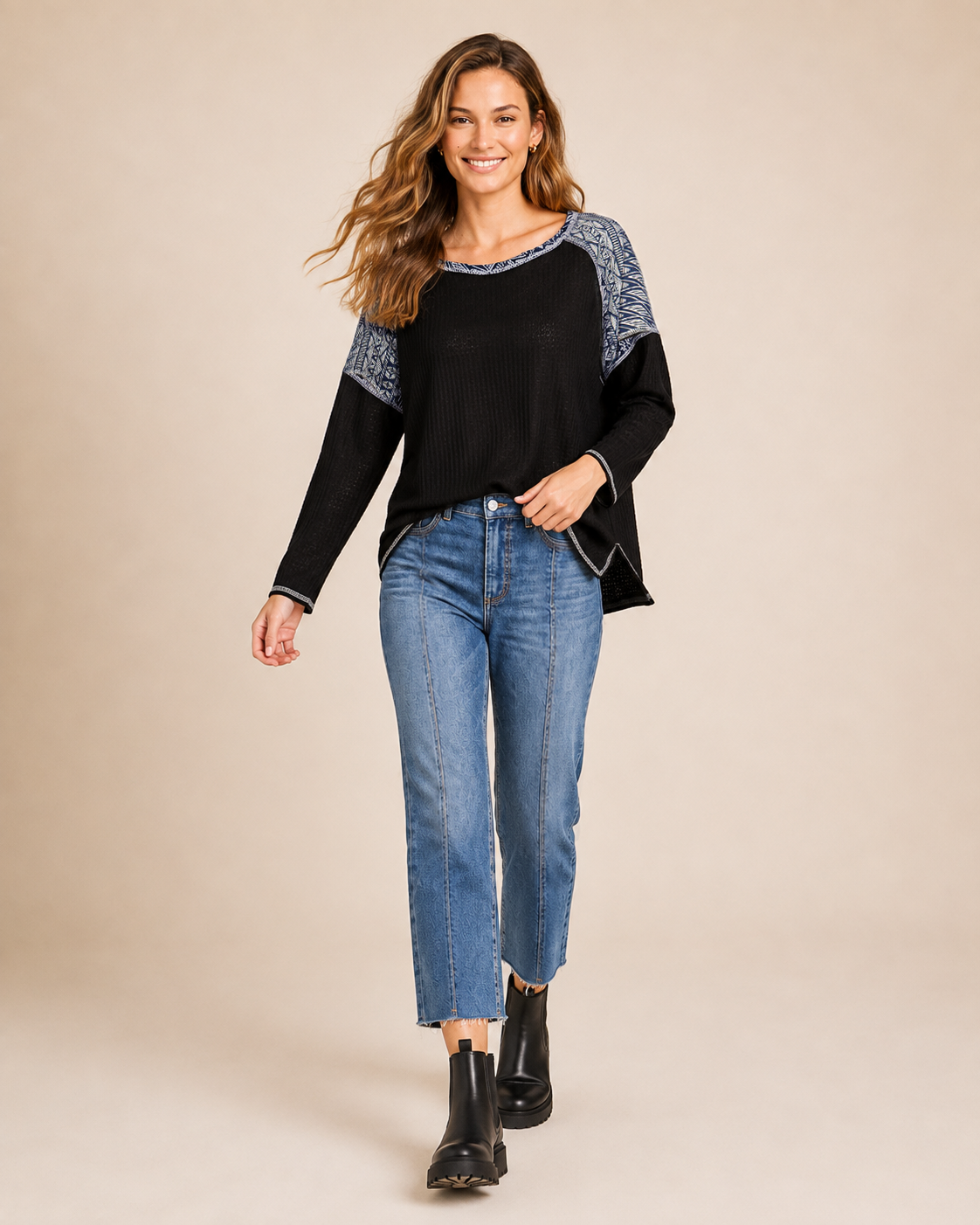 Weekend Comfort Long Sleeve Waffle Top in Black