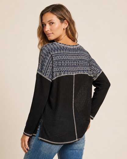 Weekend Comfort Long Sleeve Waffle Top in Black