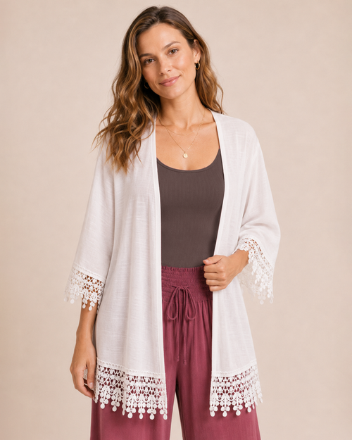 Delicate Detail Lace Trim Kimono in Ivory